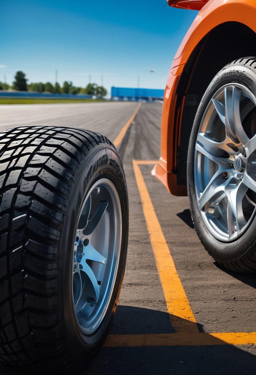 An expansive view of various tire types lined up on a racetrack, showcasing diverse tread patterns and grip textures. In the background, a mechanic evaluates tires with high-tech equipment under a bright blue sky. The foreground includes a close-up of a tire being tested, with detailed indications of performance metrics displayed. The atmosphere conveys a sense of precision and road readiness. super-realistic. vibrant colors. action-oriented.
