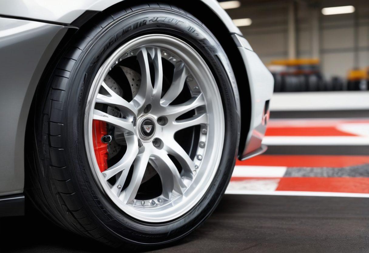 A close-up of a high-performance tire with intricate tread patterns on a sleek sports car, surrounded by tools for tire maintenance like a wrench and air pressure gauge, set against a dynamic background of a racetrack. The scene captures motion with blurred speed lines, emphasizing tire performance. super-realistic. vibrant colors. white background.