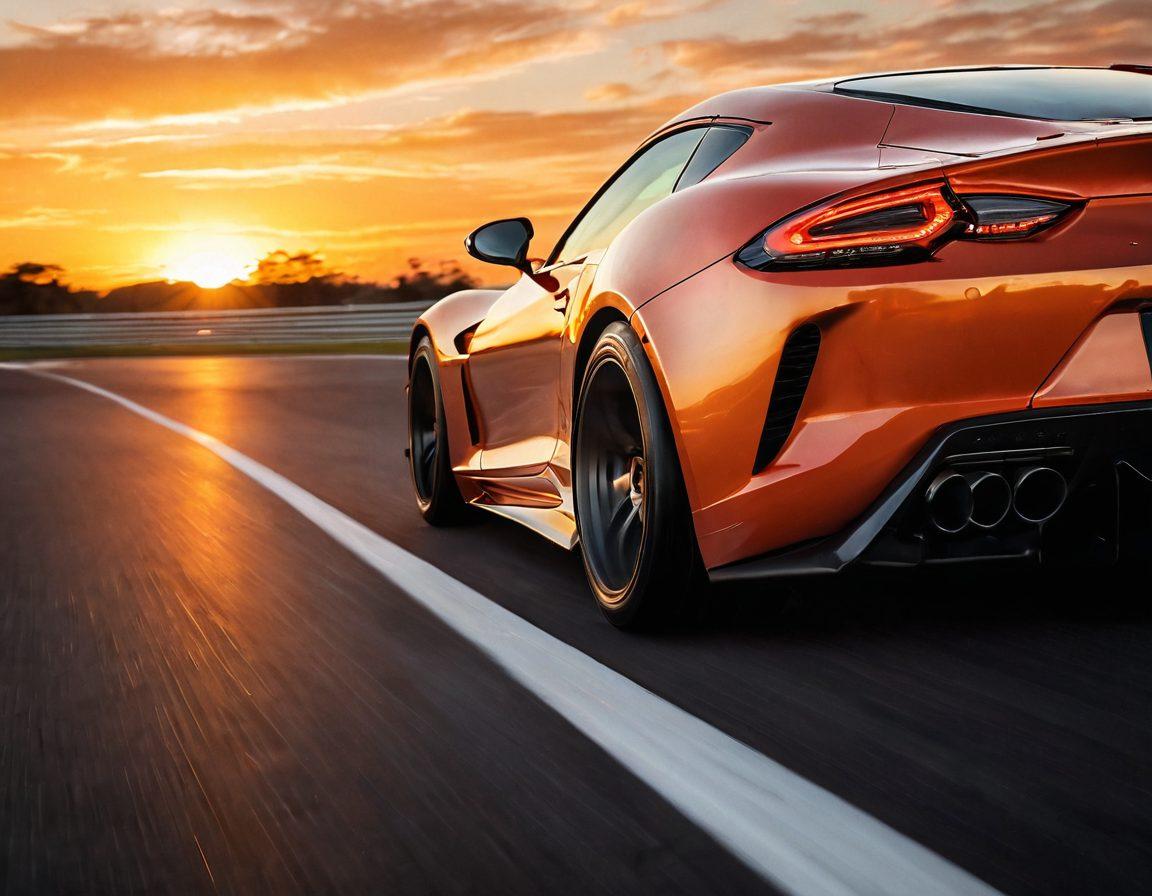 A close-up of high-performance tires on a sleek sports car, showcased on a racetrack with dynamic motion blur to convey speed. Include a backdrop of a sunset casting warm tones over the scene and subtle tire tread patterns in the foreground. This image should emanate a sense of luxury and expertise in tire performance. super-realistic. vibrant colors. dynamic composition.